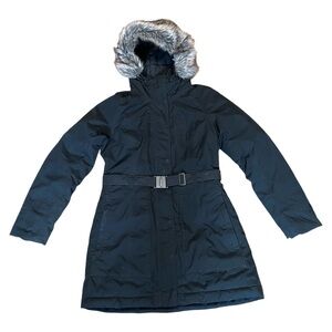 Women's North Face Black Belted Coat with Faux Fur Hood